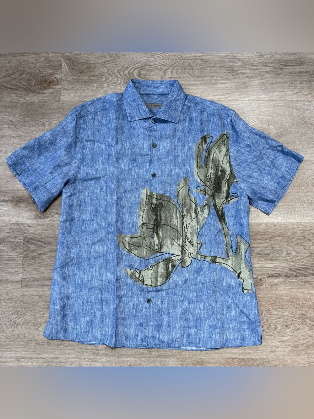 Corneliani 100% Linen Shirt Men L 16.5 42 Blue Graphic Floral Short Sleeve Italy